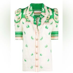 Zimmermann High Tide Button Sailboats Ivory Blouse Shirts Green Peach